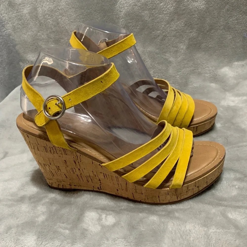 Franco Sarto‎ Crisania Yellow Suede Cork Wedge Sandals Womens 9 Platform Strappy
